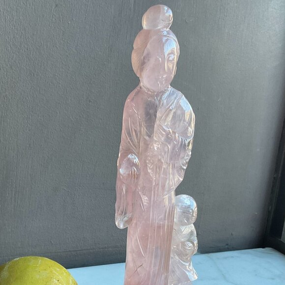 Vintage Rose Quartz Mother and Child Sculpture on a carved Wood Base - Picture 1 of 11